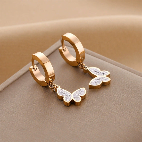 Fashionable Titanium Steel 18K Rose Gold Butterfly Ear Buckle Earrings For Women With Diamond Inlaid And Electroplated Geometric Design