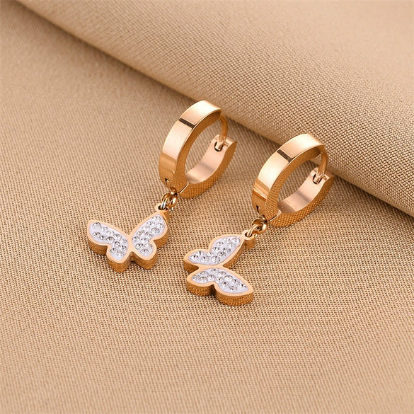 Fashionable Titanium Steel 18K Rose Gold Butterfly Ear Buckle Earrings For Women With Diamond Inlaid And Electroplated Geometric Design