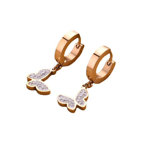 Fashionable Titanium Steel 18K Rose Gold Butterfly Ear Buckle Earrings For Women With Diamond Inlaid And Electroplated Geometric Design