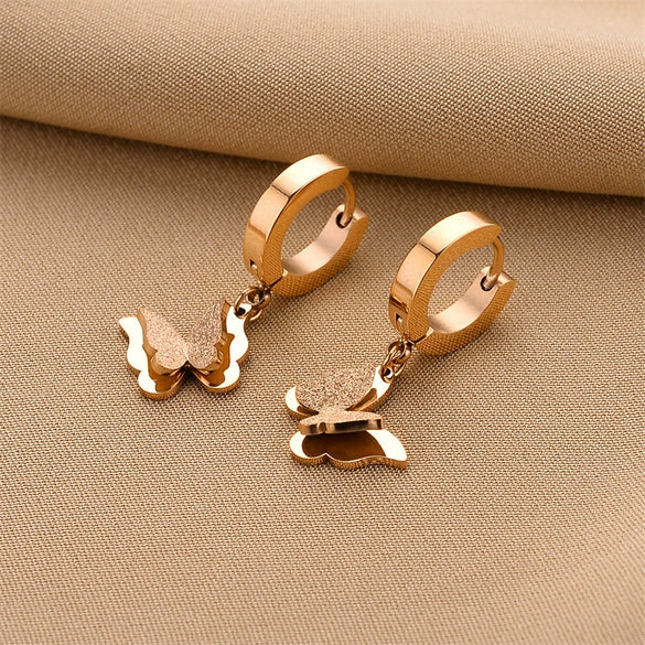 Fashionable Titanium Steel 18K Rose Gold Butterfly Ear Buckle Women's Earrings With Frosted Finish And Geometric Design Electroplated