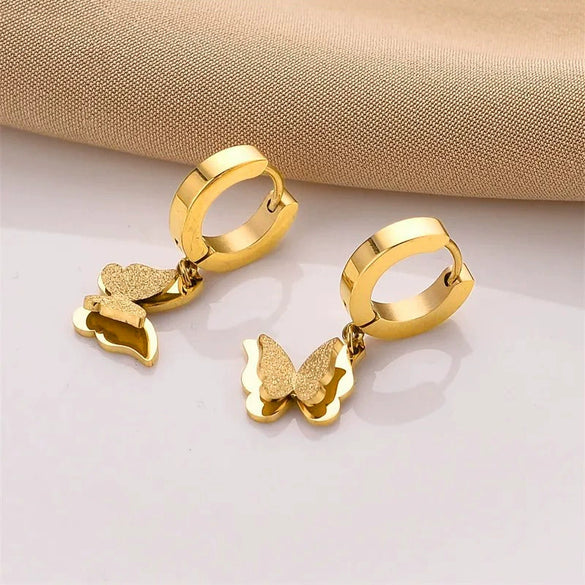 Fashionable Titanium Steel 18K Rose Gold Butterfly Ear Buckle Women's Earrings With Frosted Finish And Geometric Design Electroplated