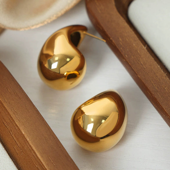 Fashionable Unisex Casual Geometric Hollow Water Drop Design Frosted Goldplated Titanium Steel Earrings