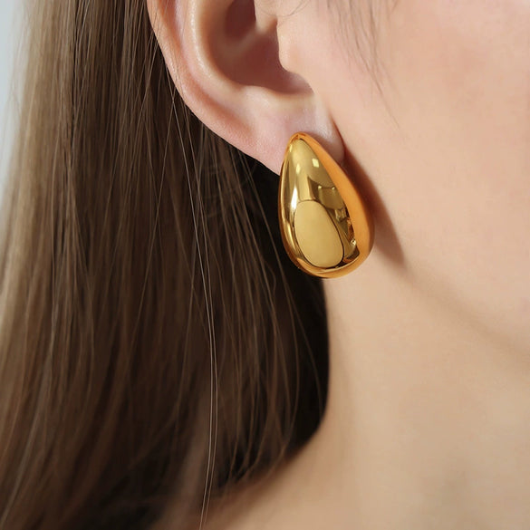 Fashionable Unisex Casual Geometric Hollow Water Drop Design Frosted Goldplated Titanium Steel Earrings