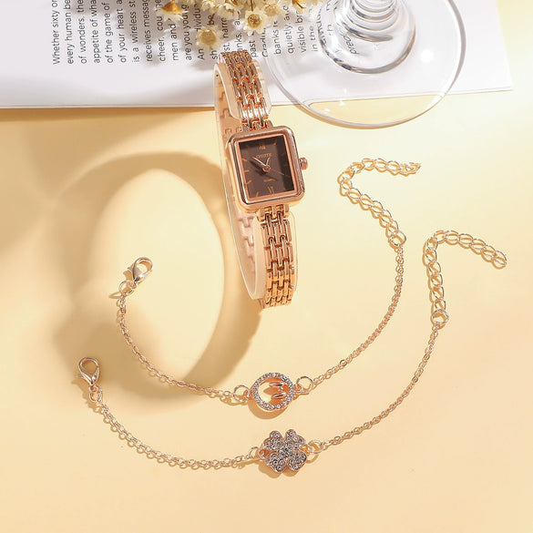 Fashionable Versatile Alloy Strap Round Dial Diamondencrusted Women's Watch And Flower Bracelet Set