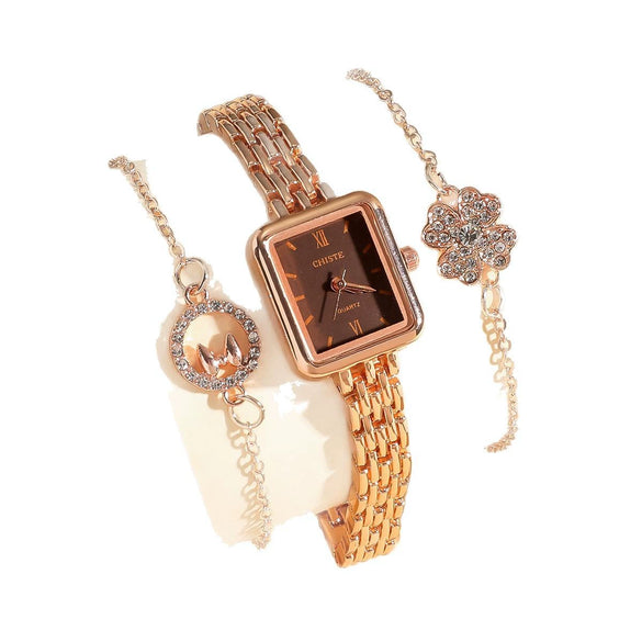 Fashionable Versatile Alloy Strap Round Dial Diamondencrusted Women's Watch And Flower Bracelet Set