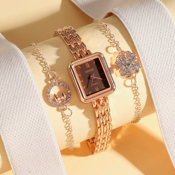 Fashionable Versatile Alloy Strap Round Dial Diamondencrusted Women's Watch And Flower Bracelet Set