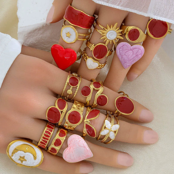 Fashionable Versatile Colorful Oil Drip Stainless Steel Gold Plated Adjustable Open Geometric Ring For Women