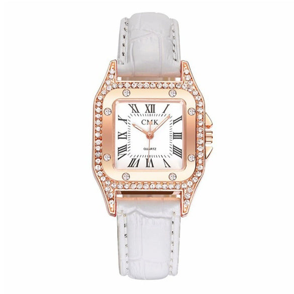 Fashionable Women's Alloy And Pu Square Dial Quartz Watch With Spiral Crown And Stainless Steel Pin Buckle