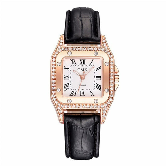 Fashionable Women's Alloy And Pu Square Dial Quartz Watch With Spiral Crown And Stainless Steel Pin Buckle