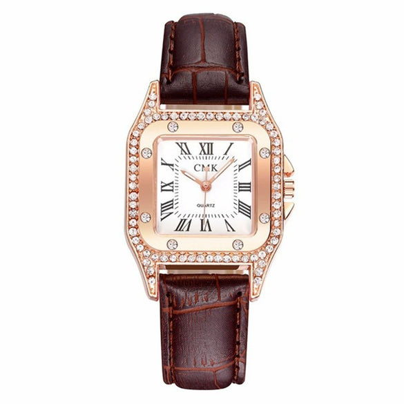 Fashionable Women's Alloy And Pu Square Dial Quartz Watch With Spiral Crown And Stainless Steel Pin Buckle