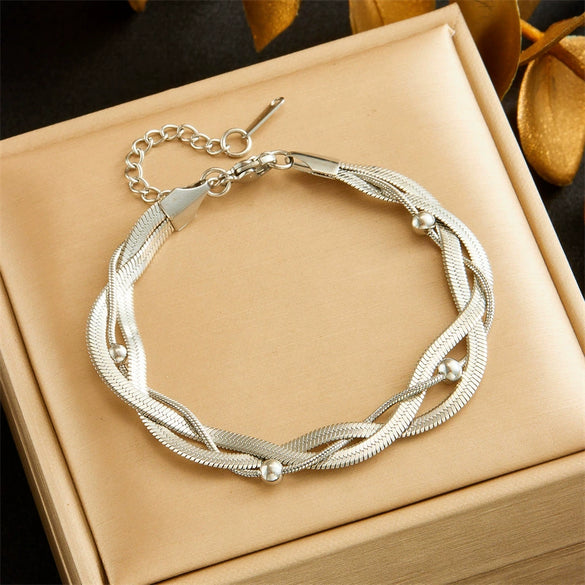 Fashionable Women's Stainless Steel Woven Three Chain Cross Bracelet With Electroplating