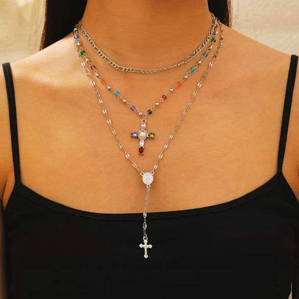 Fashionable Yshaped Tassel Alloy Geometric Clavicle Chain Necklace With Doublelayer Cross Pendant And Electroplating
