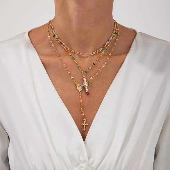 Fashionable Yshaped Tassel Necklace For Women Alloy Geometric Electroplating Doublelayer Cross Pendant Clavicle Chain