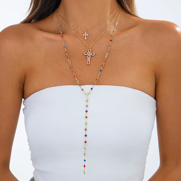 Fashionable Yshaped Tassel Necklace For Women Alloy Geometric Electroplating Doublelayer Cross Pendant Clavicle Chain