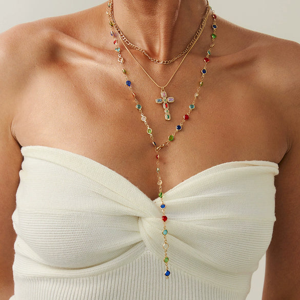 Fashionable Yshaped Tassel Necklace For Women Alloy Geometric Electroplating Doublelayer Cross Pendant Clavicle Chain