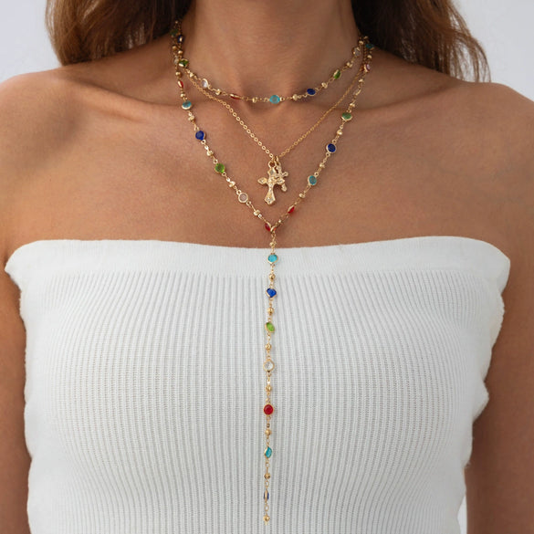Fashionable Yshaped Tassel Necklace For Women Alloy Geometric Electroplating Doublelayer Cross Pendant Clavicle Chain