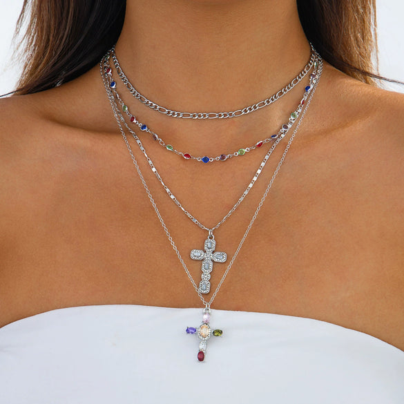 Fashionable Yshaped Tassel Necklace For Women Alloy Geometric Electroplating Doublelayer Cross Pendant Clavicle Chain