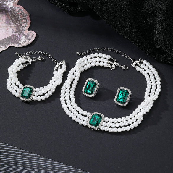 Faux Pearl Rhinestone Alloy Jewelry Set With Diamond Setting For Women French Retro Elegant Light Luxury Style