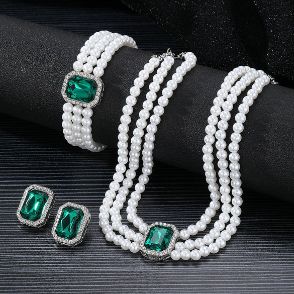 Faux Pearl Rhinestone Alloy Jewelry Set With Diamond Setting For Women French Retro Elegant Light Luxury Style