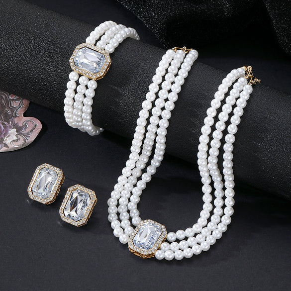 Faux Pearl Rhinestone Alloy Jewelry Set With Diamond Setting For Women French Retro Elegant Light Luxury Style