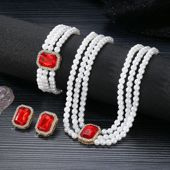 Faux Pearl Rhinestone Alloy Jewelry Set With Diamond Setting For Women French Retro Elegant Light Luxury Style