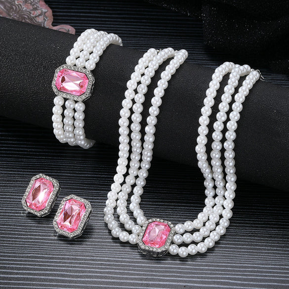 Faux Pearl Rhinestone Alloy Jewelry Set With Diamond Setting For Women French Retro Elegant Light Luxury Style