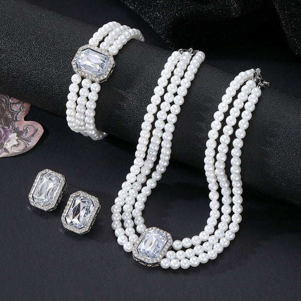 Faux Pearl Rhinestone Alloy Jewelry Set With Diamond Setting For Women French Retro Elegant Light Luxury Style