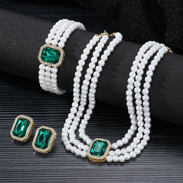 Faux Pearl Rhinestone Alloy Jewelry Set With Diamond Setting For Women French Retro Elegant Light Luxury Style
