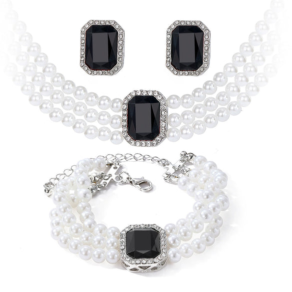 Faux Pearl Rhinestone Alloy Jewelry Set With Diamond Setting For Women French Retro Elegant Light Luxury Style