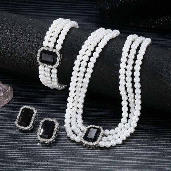 Faux Pearl Rhinestone Alloy Jewelry Set With Diamond Setting For Women French Retro Elegant Light Luxury Style