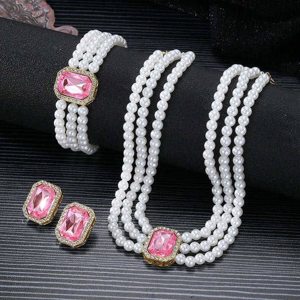 Faux Pearl Rhinestone Alloy Jewelry Set With Diamond Setting For Women French Retro Elegant Light Luxury Style