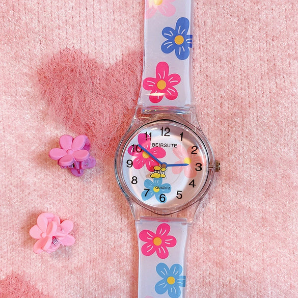 Female Cartoon Style Flower Heart Design Alloy Case And Silicone Strap Round Dial Watch