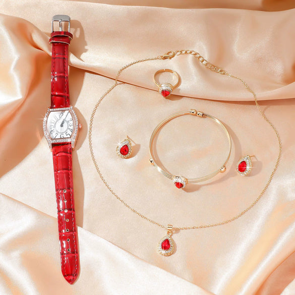 Female Casual Jewelry Set With Round Dial Stainless Steel Belt Watch