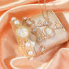 Female Fashion Jewelry Set With Pearl Bracelet Watch Rhinestone In Alloy Material And Round Dial Shape