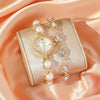 Female Fashion Jewelry Set With Pearl Bracelet Watch Rhinestone In Alloy Material And Round Dial Shape