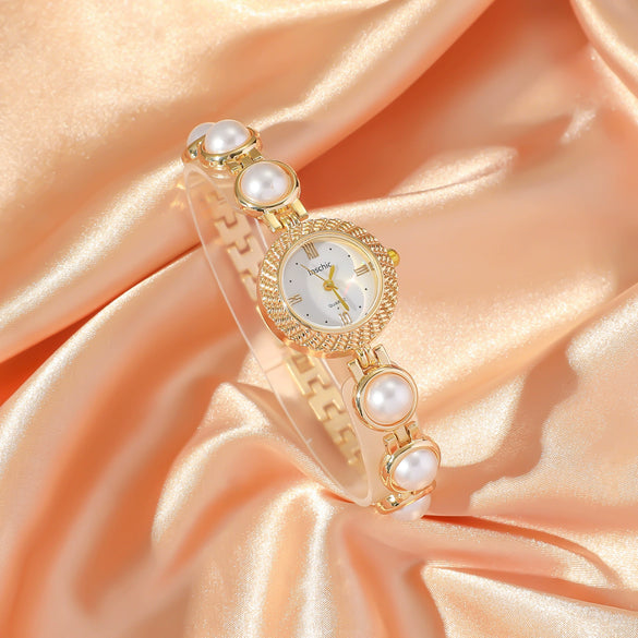 Female Fashion Jewelry Set With Pearl Bracelet Watch Rhinestone In Alloy Material And Round Dial Shape