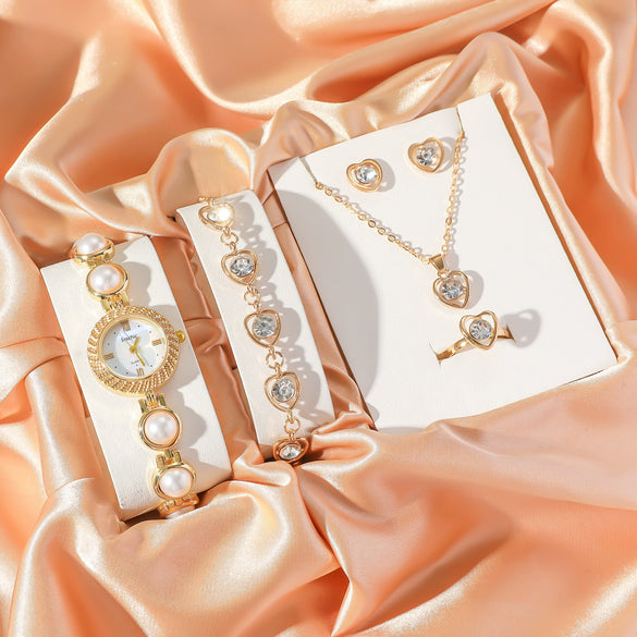Female Fashion Jewelry Set With Pearl Bracelet Watch Rhinestone In Alloy Material And Round Dial Shape