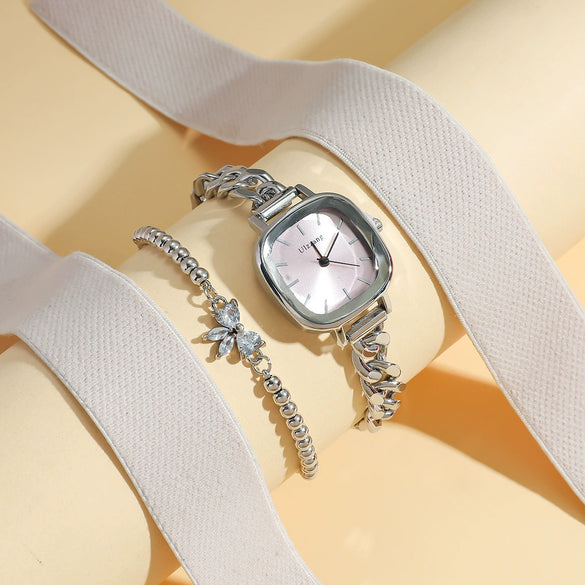 Female Fashionable Purple Aurora Dial Alloy Square Bracelet Watch With Butterfly Rhinestone And Stainless Steel Buckle