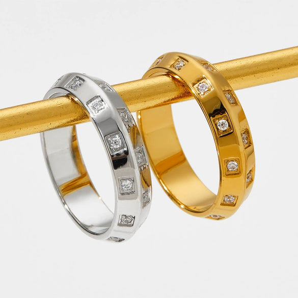 Female Hip Hop Fashion Diamond Ring In Geometric Design Stainless Steel With Electroplating Treatment