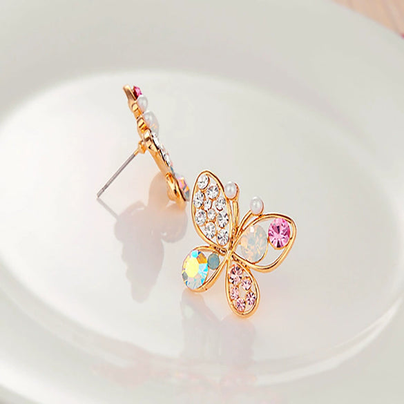Female Jewelry Pearl Butterfly Hollow Color Diamond Earrings Made Of Alloy With Electroplating Design For Wholesale Mixed Batch