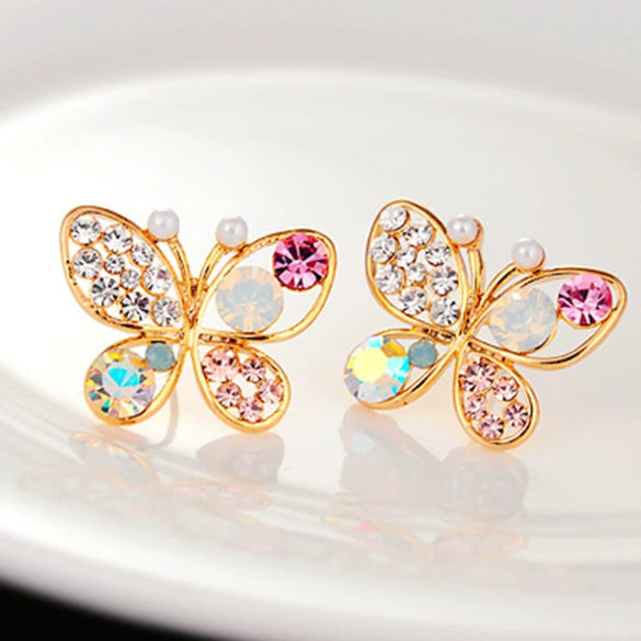 Female Jewelry Pearl Butterfly Hollow Color Diamond Earrings Made Of Alloy With Electroplating Design For Wholesale Mixed Batch