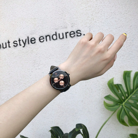 Female Leisure Style Watch Alloy Case Imitation Leather Strap Ordinary Glass Mirror Round Dial