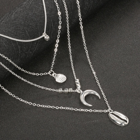 Female Personality Exaggerated Multilayer Crescent Scallop Shell Necklace Clavicle Chain With Geometry Style And Electroplated Alloy Material For Wholesale