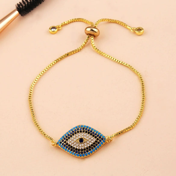 Female Pull Bracelet With Micro Inlaid Color Zircon Devil Eye And Wave Pattern Made Of Copper