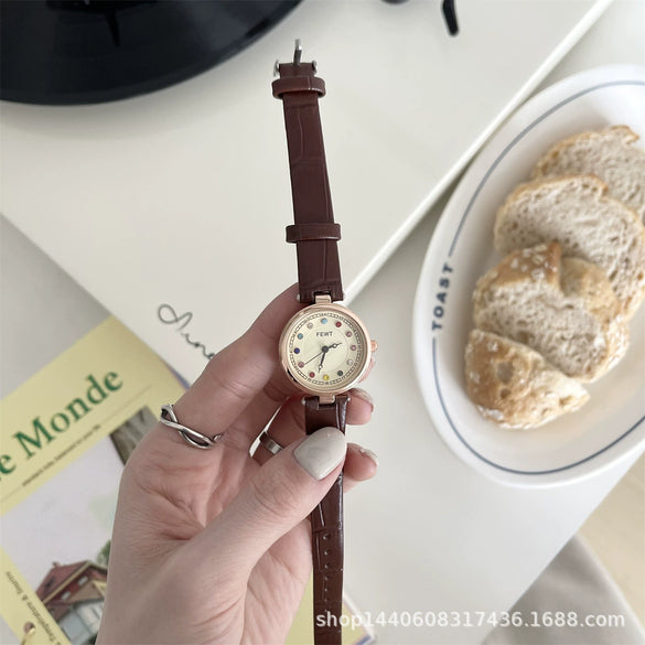 Female Retro Light Luxury Birthstone Watch With Pu Strap And Metal Case In Round Dial Shape