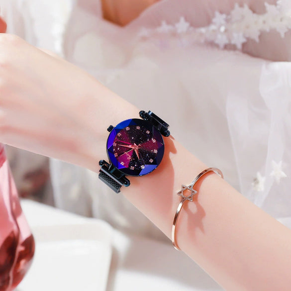 Female Student Alloy Mesh Magnet Watch With Star Pattern And Pointer Display