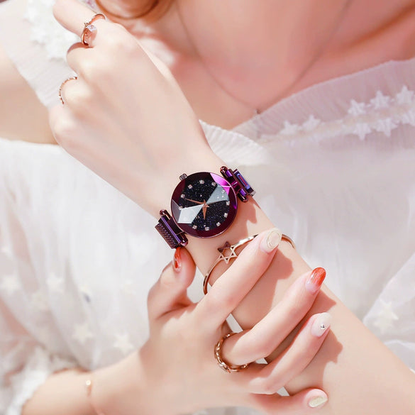 Female Student Alloy Mesh Magnet Watch With Star Pattern And Pointer Display