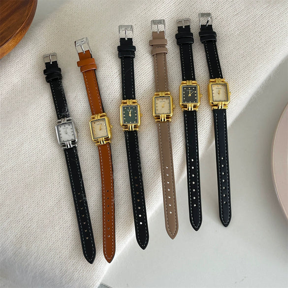 Female Student Belt Quartz Watch Tshaped Square Black Gold Metal Case Genuine Leather Strap Stainless Steel Buckle Ordinary Glass Mirror Medieval Style