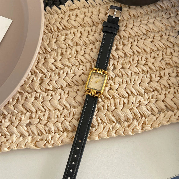 Female Student Belt Quartz Watch Tshaped Square Black Gold Metal Case Genuine Leather Strap Stainless Steel Buckle Ordinary Glass Mirror Medieval Style