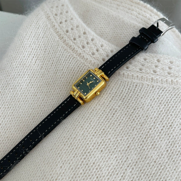Female Student Belt Quartz Watch Tshaped Square Black Gold Metal Case Genuine Leather Strap Stainless Steel Buckle Ordinary Glass Mirror Medieval Style